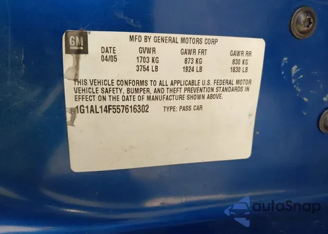 2005 Chevrolet Cobalt Ls from USA, damaged, VIN 1G1AL14F557616302